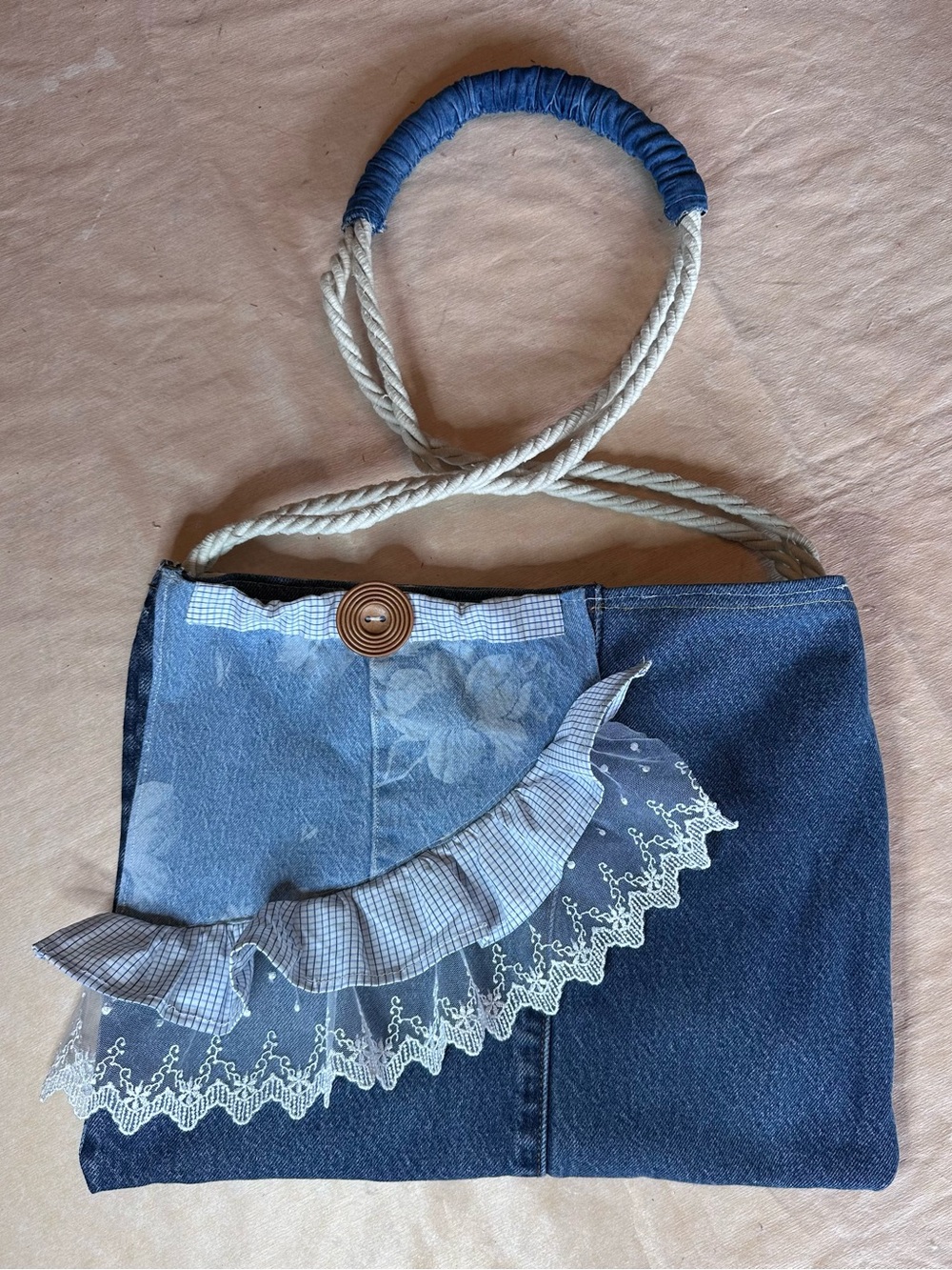 Denim Blue Handbag with Ruffle and Rope Handle